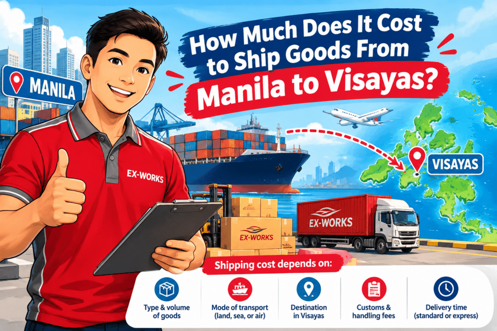 Create an image in 8k and cinematic quality. The image size should be 1200 x 800 px. The person should be wearing the attached uniform. image should be appealing and cute for the reader. The image should be cartoonized and illustrate: How much does it cost to ship goods from Manila to Visayas?